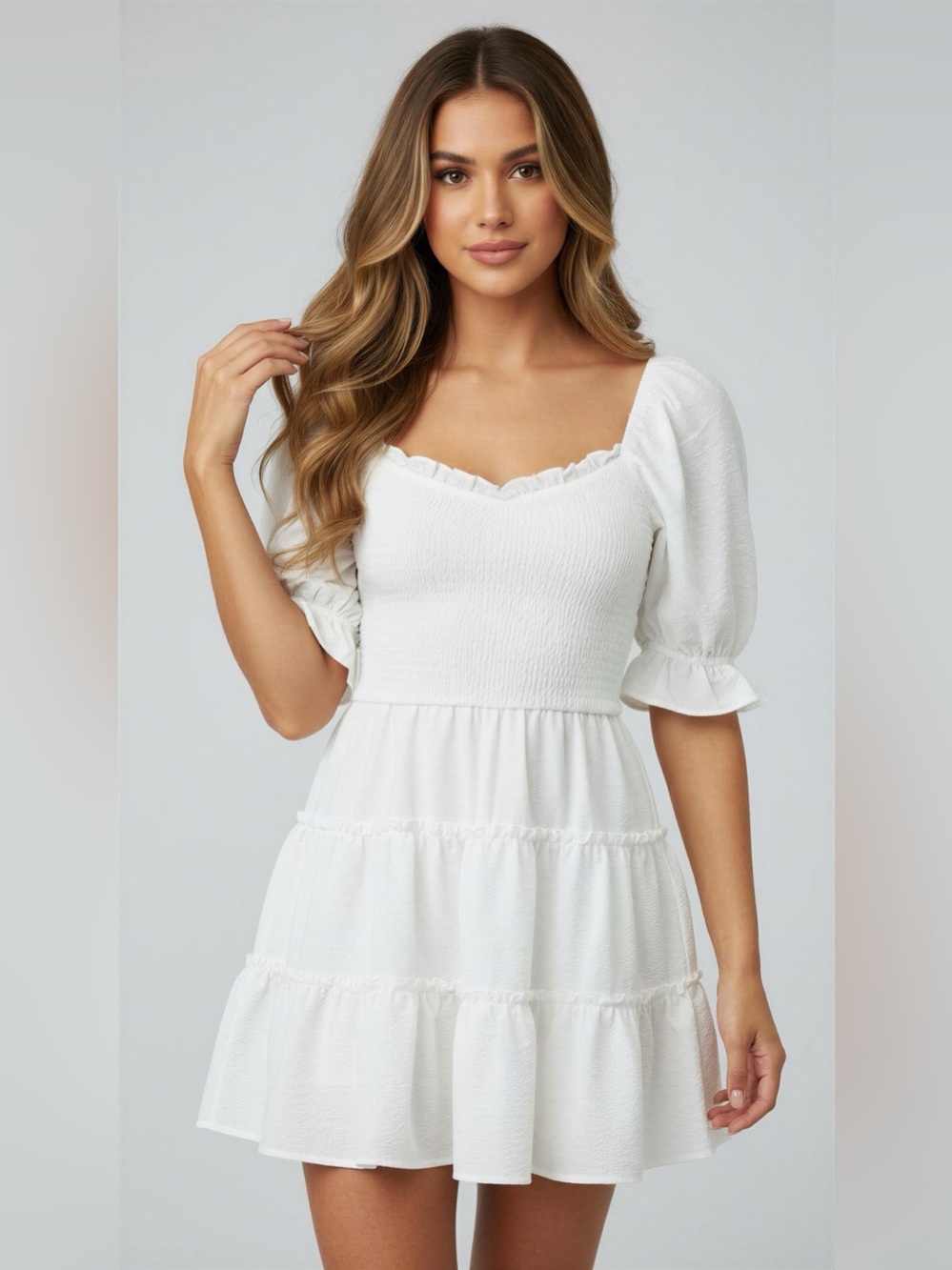 B Darlin White Smocked Puff Sleeve Tiered Mini Dress Size 3/4 Like New